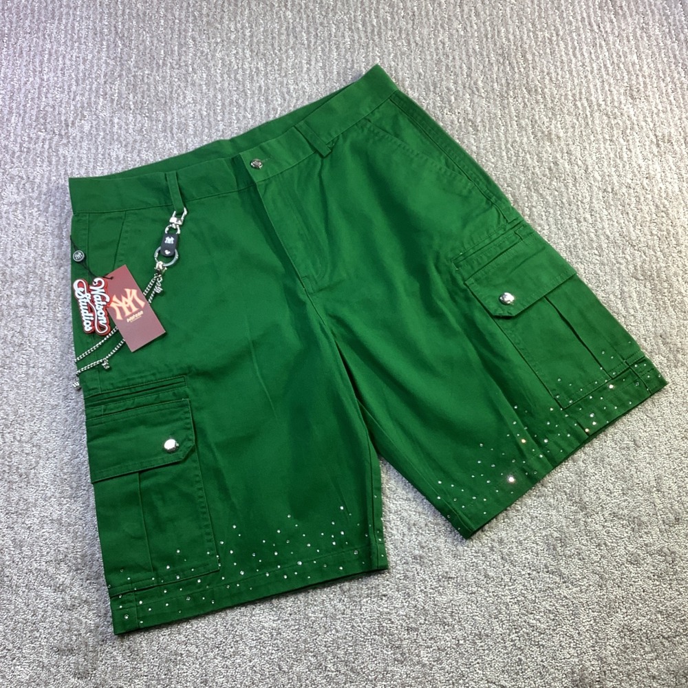 Watson Studios Green Stained Glass Work Shorts Rhinestone Dice Chain Mens 34 NWT